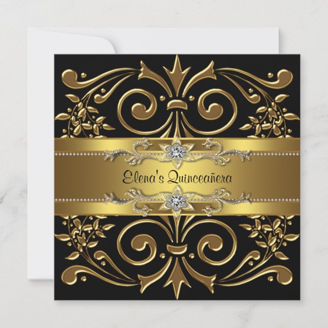 Elegantes invitaciones de Quinceanera en Negro y O (Anverso)