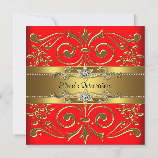 Elegantes invitaciones de quinceañera rojas y dora (Anverso)