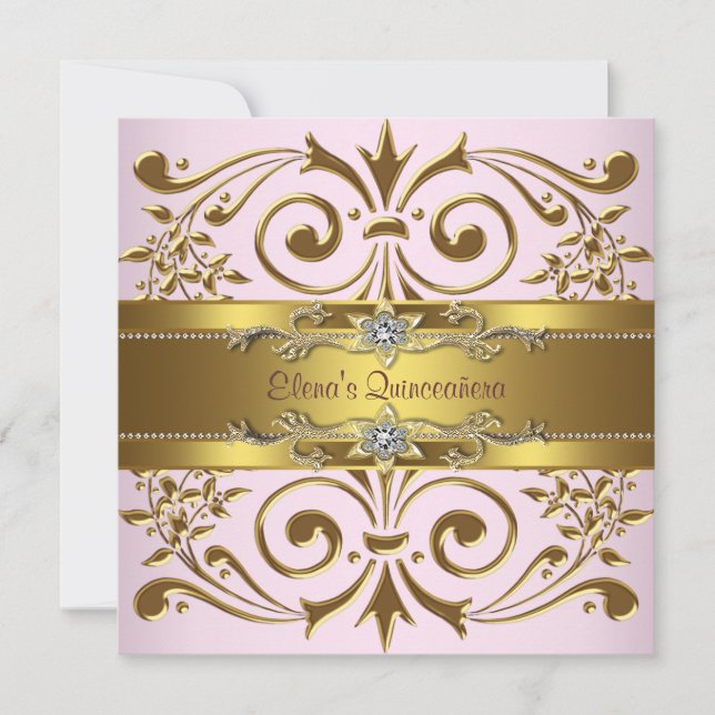 Elegantes invitaciones de quinceañera rosa y dorad (Anverso)