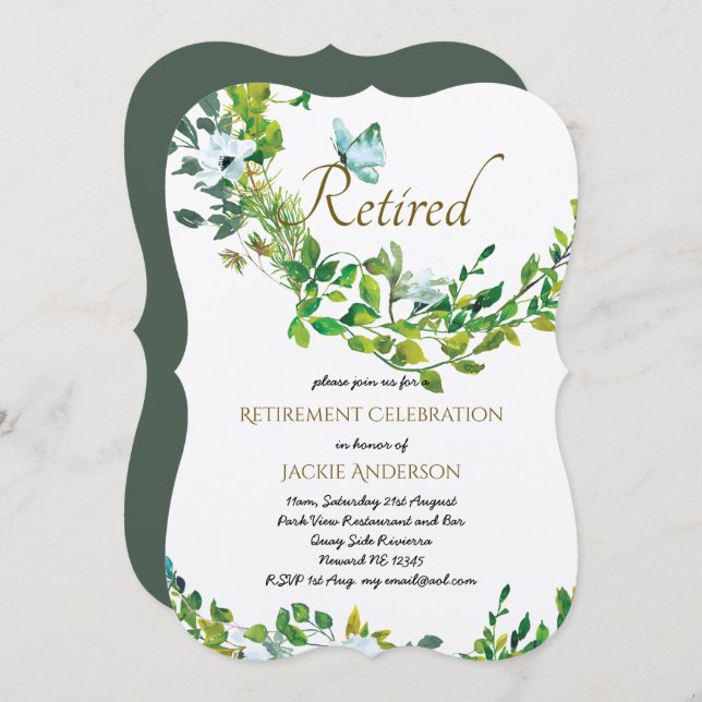 Elegantes invitaciones de retiro hombre mujer vege (Anverso / Reverso)