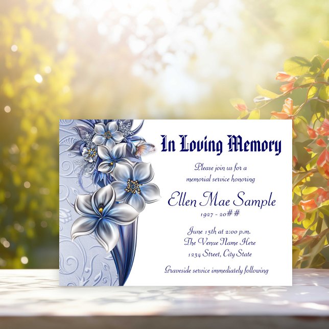 Elegantes Invitaciones del Blue Memorial Service (Pretty blue floral memorial and funeral invitation notice. Simply add your event details.)