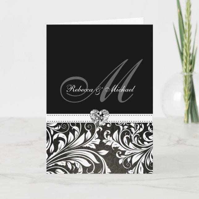 Elegantes invitaciones en Monograma de Damasco Bla (Anverso)