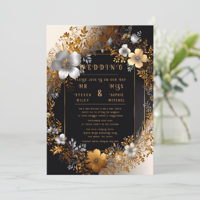Elegantes invitaciones florales de oro y bodas pla (Anverso de pie)