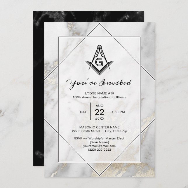 Elegantes invitaciones masónicas de oro de mármol  (Anverso / Reverso)