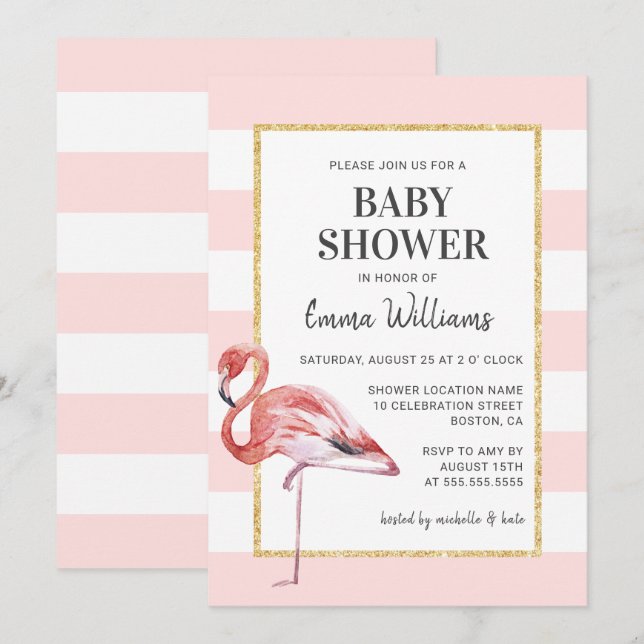 Elegantes invitaciones para bañador de flamenco ro (Anverso / Reverso)