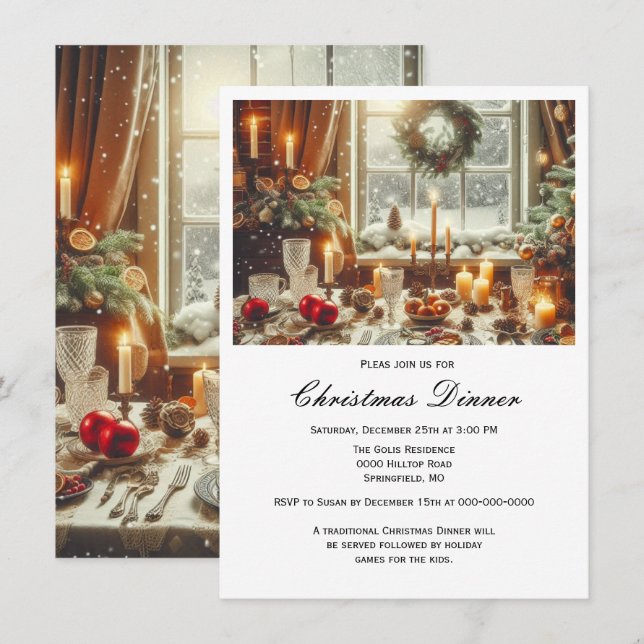 Elegantes invitaciones para cenar a Navidades de f (Anverso / Reverso)
