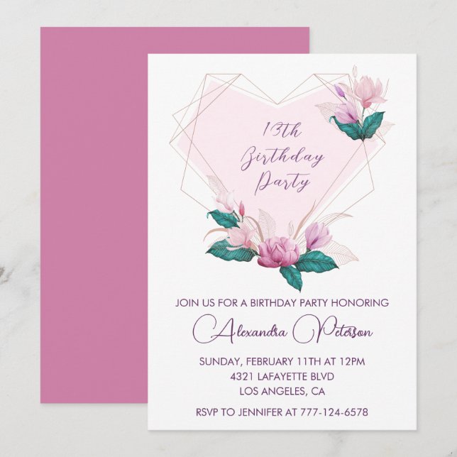 Elegantes invitaciones para el 13° cumpleaños Flor (Anverso / Reverso)