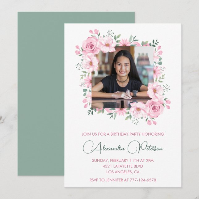 Elegantes invitaciones para el 13° cumpleaños. Fot (Anverso / Reverso)