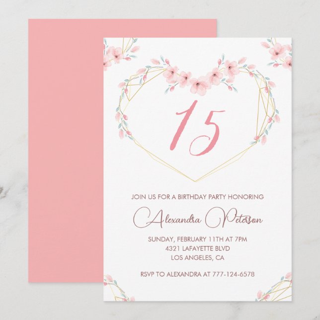 Elegantes invitaciones para el 15 cumpleaños Pink  (Anverso / Reverso)