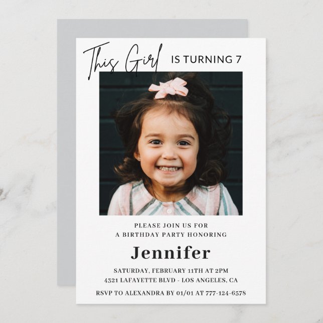 Elegantes invitaciones para el 7° cumpleaños Foto  (Anverso / Reverso)