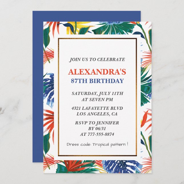 Elegantes invitaciones para el 87 cumpleaños Tropi (Anverso / Reverso)