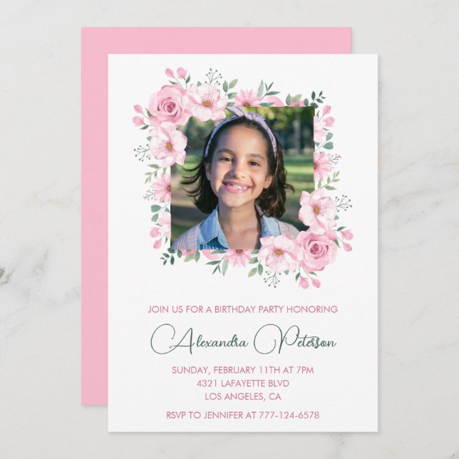 Elegantes invitaciones para el 9° cumpleaños. Foto (Anverso / Reverso)