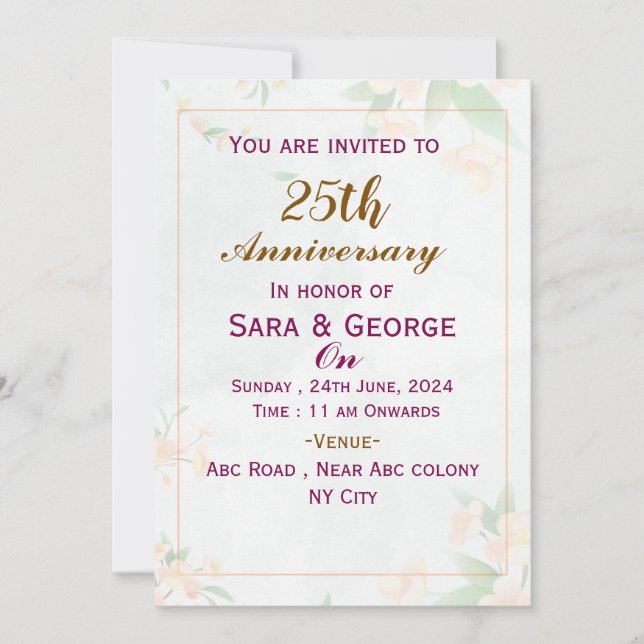 Elegantes invitaciones para el aniversario de la b (Anverso)