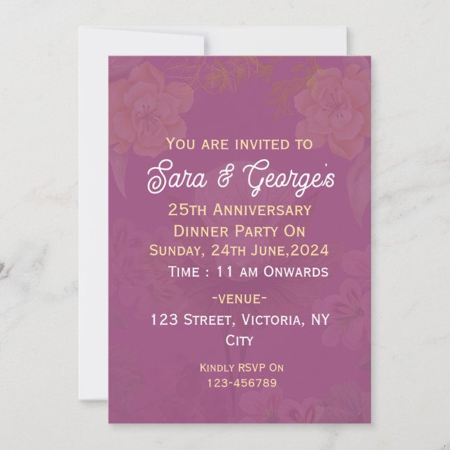 Elegantes invitaciones para el aniversario de la b (Anverso)