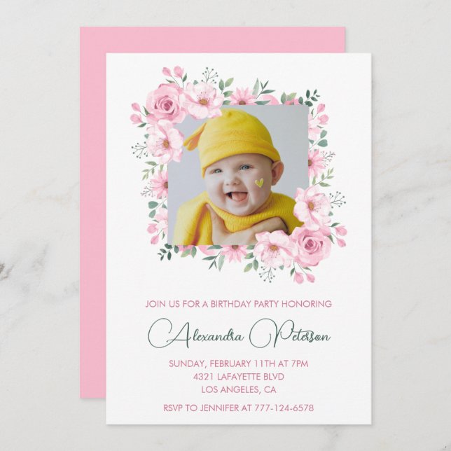 Elegantes invitaciones para el primer cumpleaños P (Anverso / Reverso)
