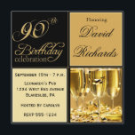 Elegantes invitaciones para fiestas de cumpleaños<br><div class="desc">A tus invitados les encantará esta invitación personalizada, en negro y oro, champán, cinta y burbujas para la fiesta de 90 años. Sencillo pero festivo, dramático, una invitación de una especie, única, especial y elegante fiesta de cumpleaños 90 es una manera apropiada de celebrar el cumpleaños 90 de tu invitado...</div>