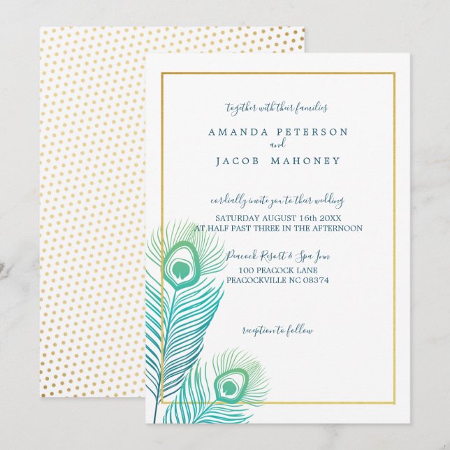 Elegantes invitaciones para la boda de la pavo rea (Anverso / Reverso)