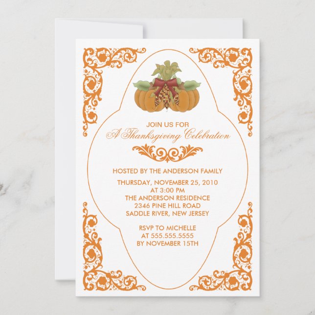Elegantes invitaciones para la cena de Acción de G (Anverso)