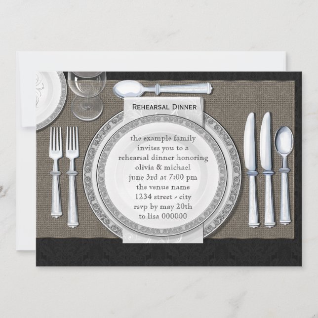 Elegantes invitaciones para la cena de ensayo negr (Anverso)