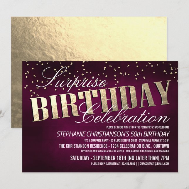 Elegantes invitaciones para la fiesta de cumpleaño (Anverso / Reverso)