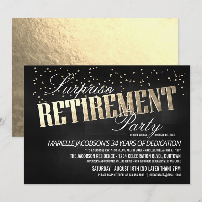Elegantes invitaciones para la Fiesta de Jubilació (Anverso / Reverso)