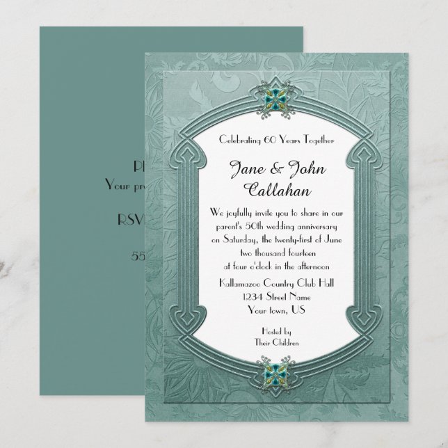 Elegantes invitaciones Verde azuladas a aniversari (Anverso / Reverso)