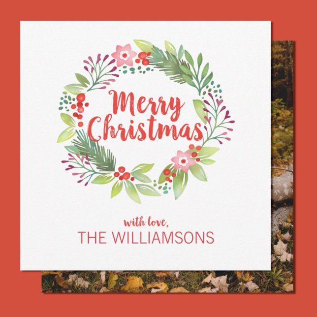 Elegantes Navidades acuarela Wreath Photo Card (A pretty watercolor wreath photo Christmas card.)