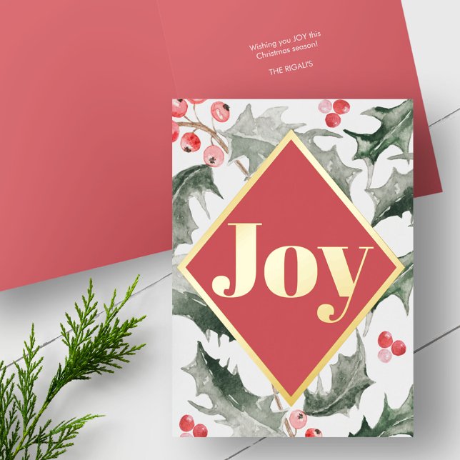 Elegantes Navidades Botánicos de Acuarela (Christmas cards folded foil modern simple design with watercolor red berries and green holly)
