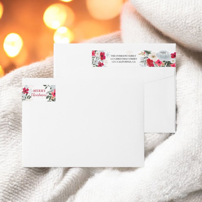 Elegantes Navidades de copos de nieve con flores d (Elegant Red Green floral snowflake Christmas Wrap Around Label)