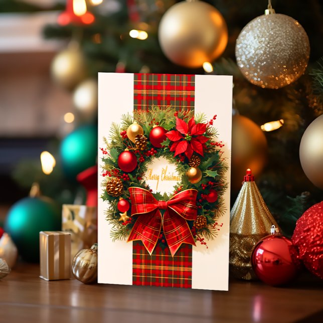 Elegantes Navidades de Plaid con tarjeta de vacaci (Elegant Christmas Wreath Tartan Holiday Greeting Card)