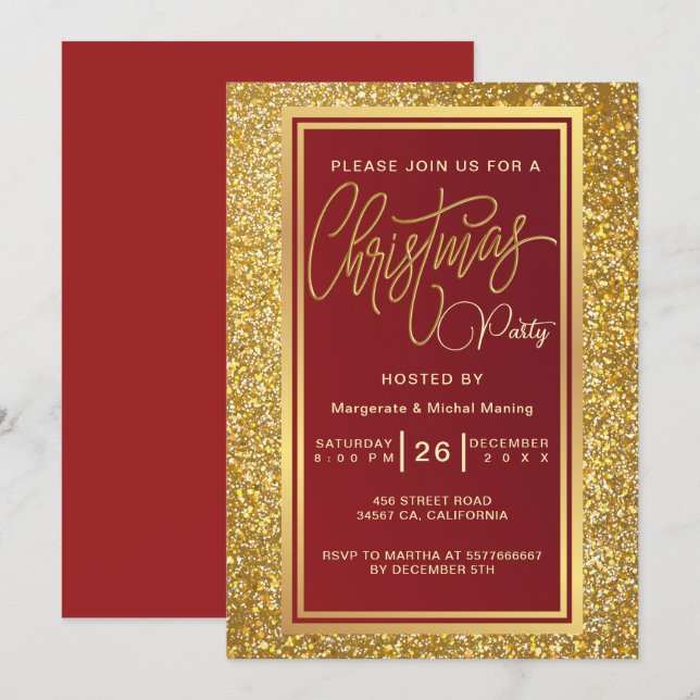 Elegantes Navidades Fiesta Sparkle Gold Invitación (Anverso / Reverso)