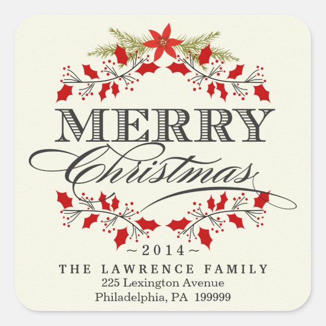 Elegantes Navidades Holly Wreath Square Pegatinas (Anverso)