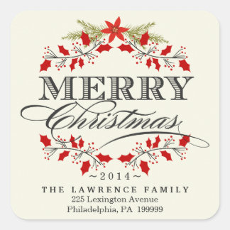 Elegantes Navidades Holly Wreath Square Pegatinas