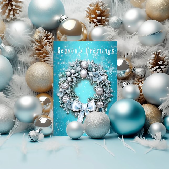 Elegantes Navidades Verde azulados de guirnaldas a (Whimsical Teal Blue and Silver Wreath Foil Christmas Greeting Card)