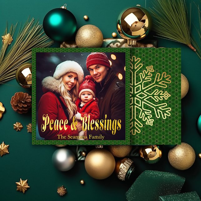 Elegantes Navidades verdes y dorados foto y guión (Festive Christmas Photo Holiday Script Greeting Card)