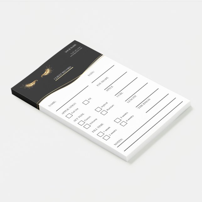 Elegantes notas Post-it® negras y doradas para cli (En perspectiva)