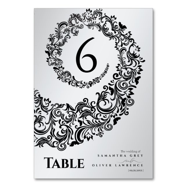 Elegantes números de mesa en damasco en blanco y n (Anverso)