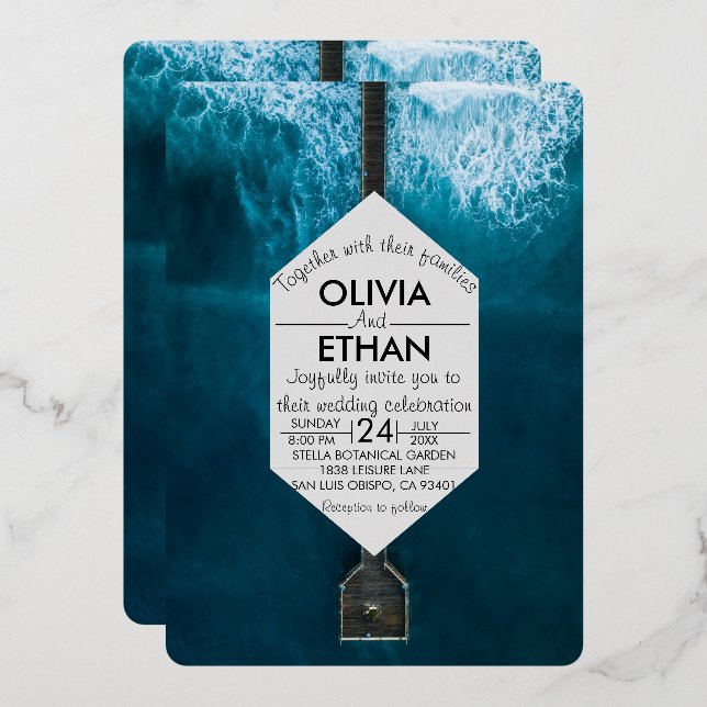 Elegantes olas azules oceánicas Boda Invitación al (Anverso/Reverso)
