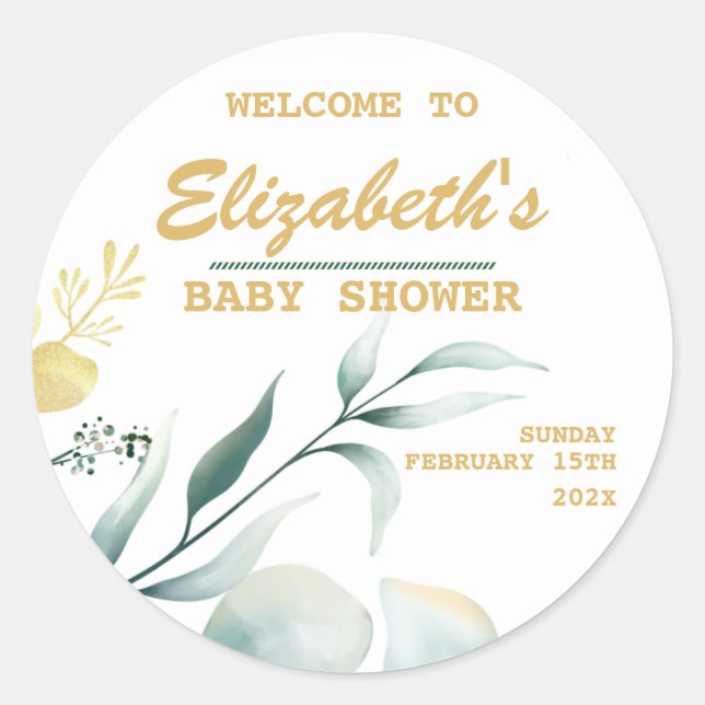 Elegantes Pegatinas de Baby Shower blancos y verde (Anverso)