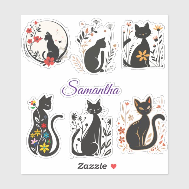 Elegantes Pegatinas de gato negro con un nombre ed (Hoja)