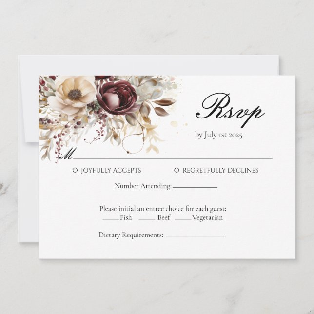 Elegantes peonías burgundy Boda Tarjeta RSVP (Anverso)