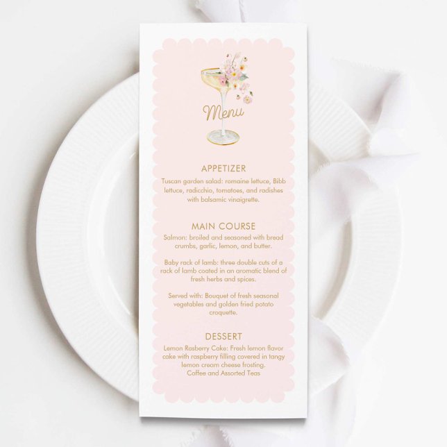 Elegantes Petals y Prosecco Bridal Shower Menú (Pink Petals and Prosecco Menu Card)