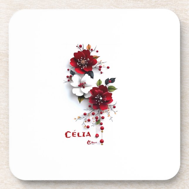 Elegantes posavasos de plástico duro con flores ro (Frente)