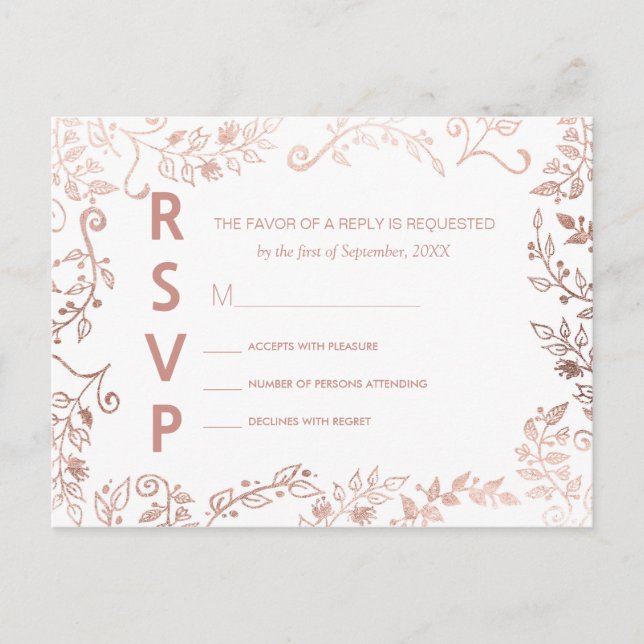 Elegantes postales de RSVP con flor de oro rosa bl (Anverso)