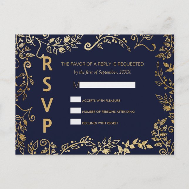 Elegantes postales de RSVP floral azul y oro de la (Anverso)