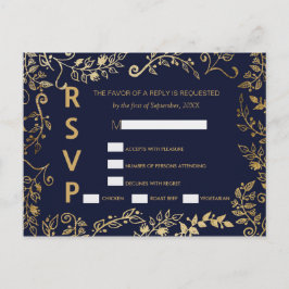 Elegantes postales de RSVP floral azul y oro de la