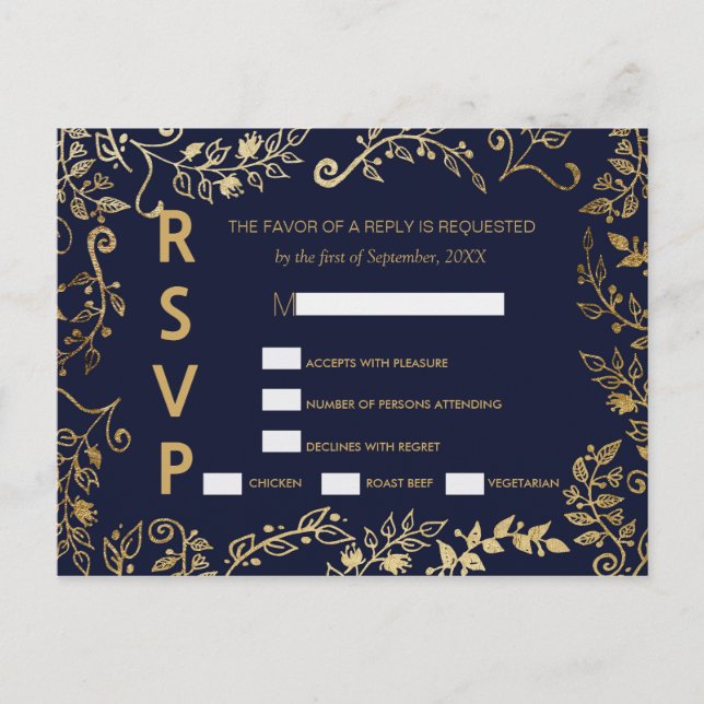 Elegantes postales de RSVP floral azul y oro de la (Anverso)