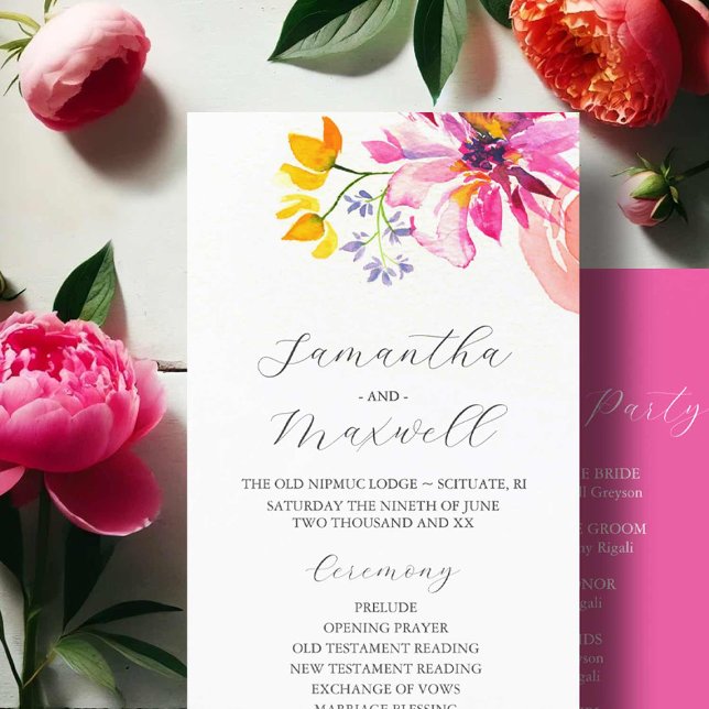 Elegantes programas de ceremonia de bodas Flores d (bold wedding flowers fuchsia pink watercolor art by Victoria Grigaliunas Do Tell A Belle)