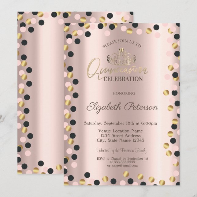 Elegantes puntos de oro, tiara, Invitaciones de Qu (Anverso / Reverso)