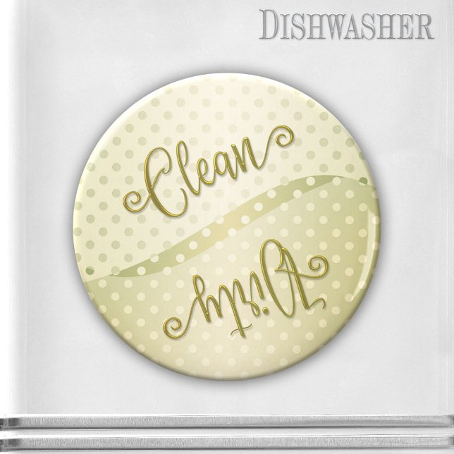 Elegantes puntos de polka limpian el imán sucio de (Clean-dirty dishwasher magnet featuring an elegant retro or vintage design in green-gold with script)